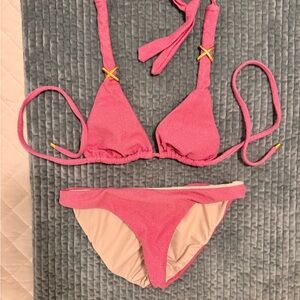 Pilyq Pink Textured Triangle Bikini Set